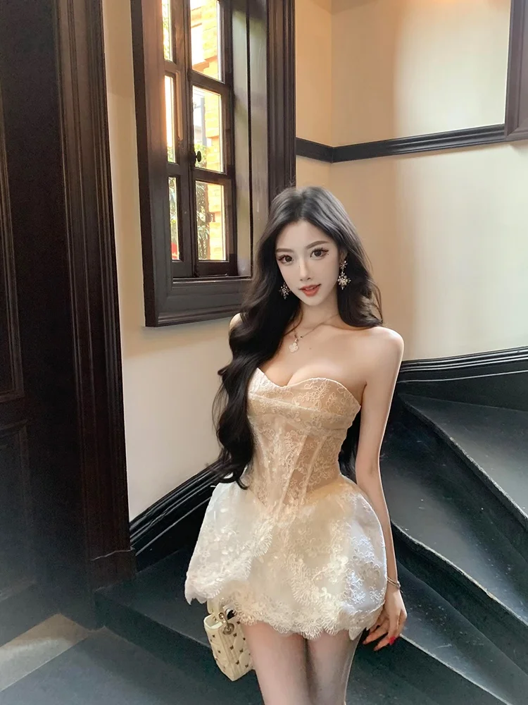 

Bride-To-Be Birthday Embroidered Lace Heavywork Fishbone Waist Cinched Flower Bud Short Skirt Princess Dress Women's Dress