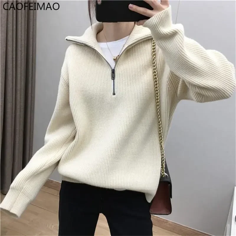 Women's Turtleneck Zippers Fashion Women Sweaters Solid Green Blue Pullover Long Sleeve Casual Knitted Sweater Woman Winter 2025