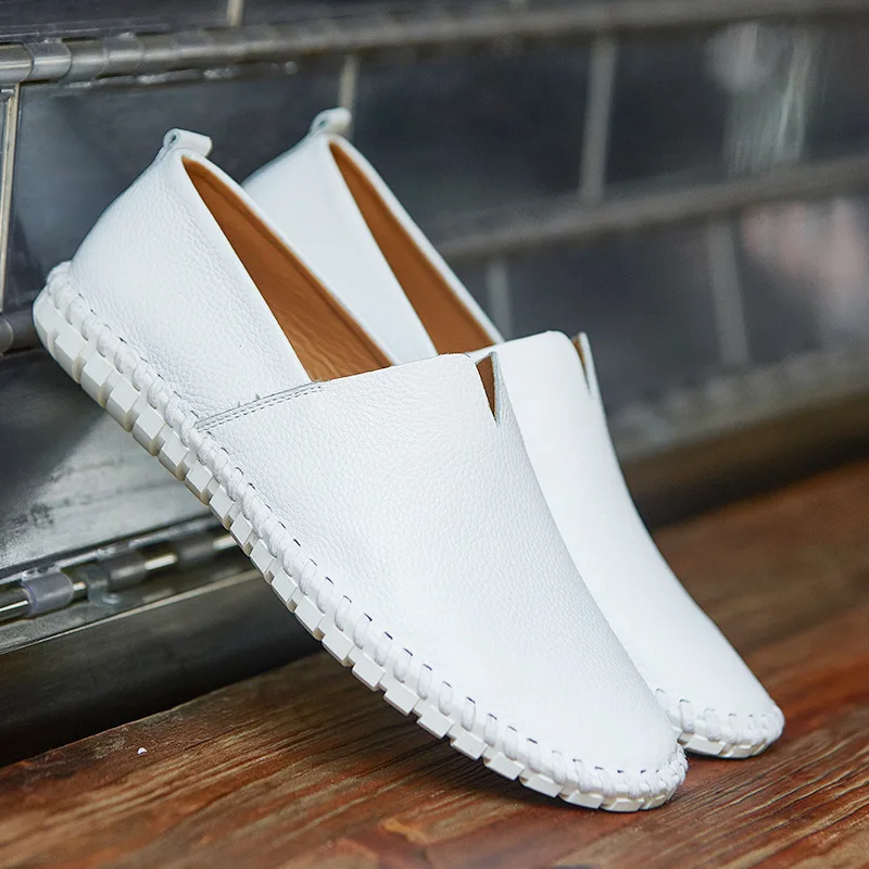 Zapatos planos de piel auténtica para hombre, zapatillas informales suaves, mocasines cómodos para caminar y conducir, color blanco, talla grande 49 50