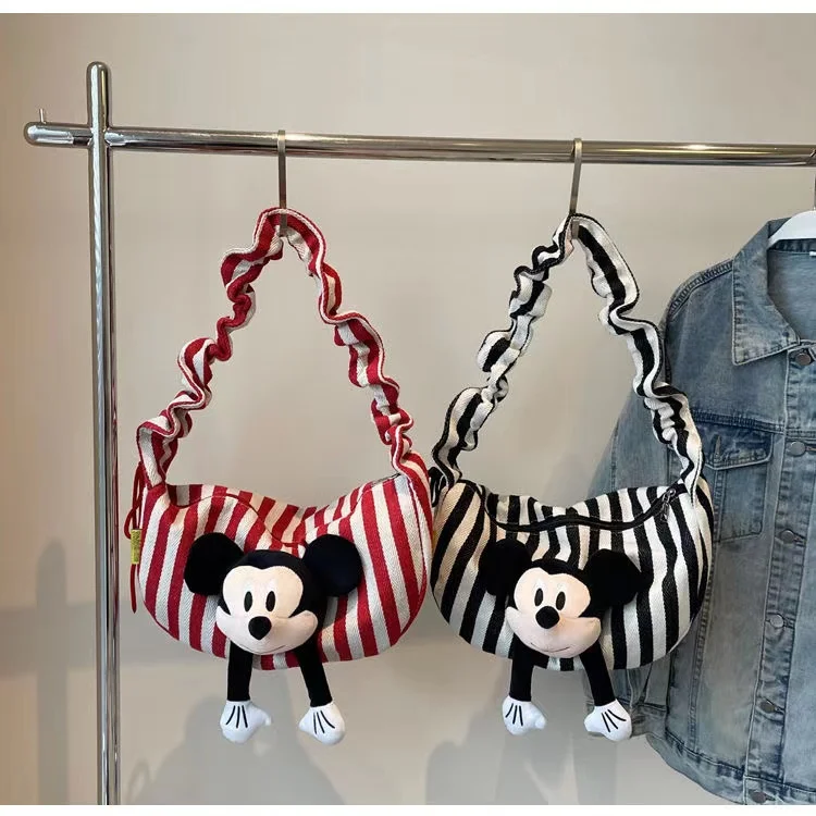 

2024 new fashionable striped cute cartoon Mickey doll shoulder bag for outdoor large capacity commuting tote bag