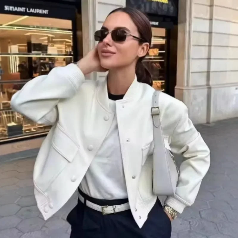 

2025 Women Fashion with Pockets Bomber Jacket Coats Vintage Long Sleeve Front Button Casual Female Outerwear Chic Tops