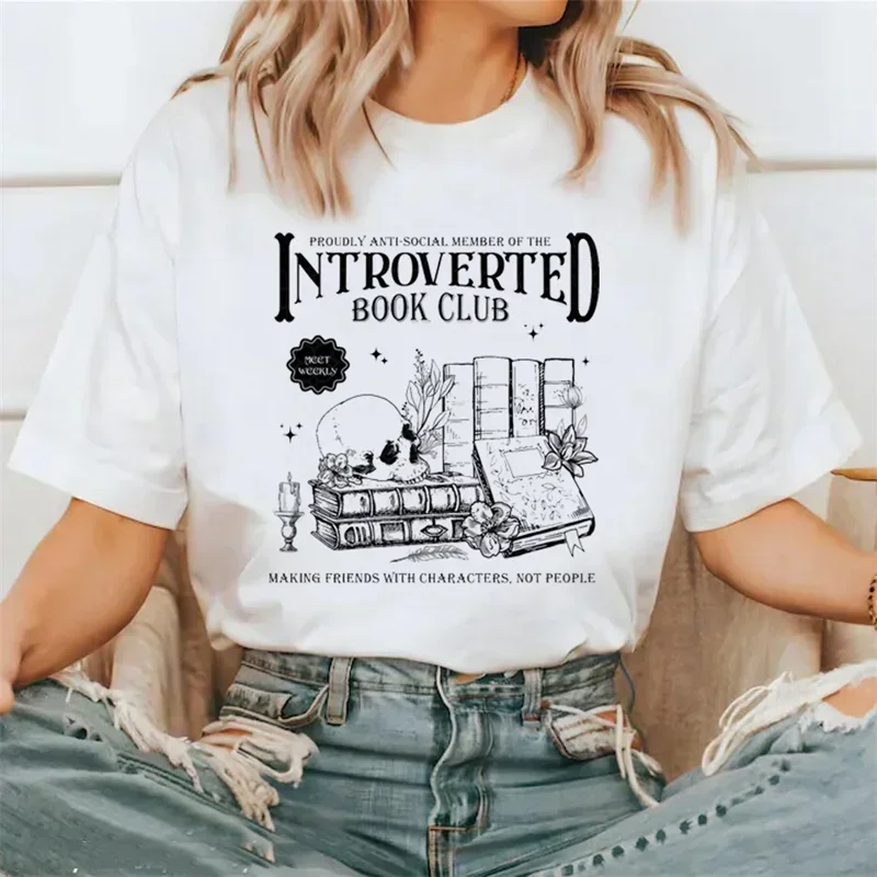 Introverted Book Club Retro Print Summer T-Shirt New Top Print Fun Versatile Short Sleeve O-Neck Basic Casual Print T-Shirt.
