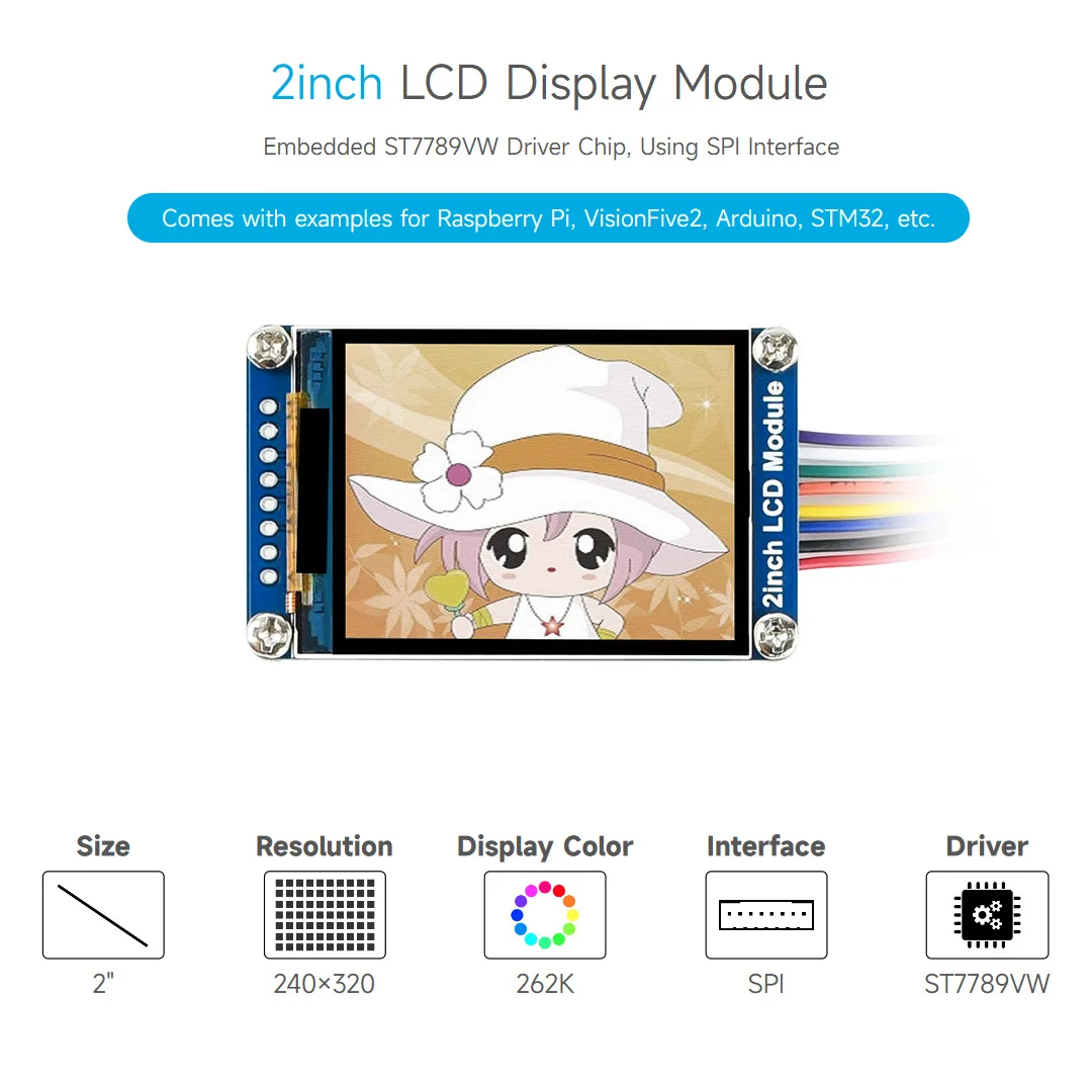 

2pcs/lot Waveshare General 2inch IPS LCD Display Module, IPS Screen, 240*320 for Raspberry Pi, VisionFive2