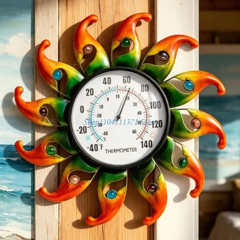 P9FC Garden Porch Wall Reader with Sun Metal Frame Analog Outdoor Wall Thermometers