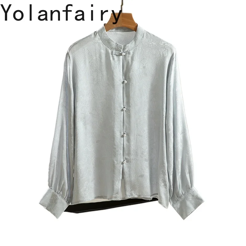 

YOLANFAIRY 100% Natural Mulberry Silk Shirts Woman Loose Jacquard Korean Style Gray Shirt Stand-up Collar Long Sleeve Shirts