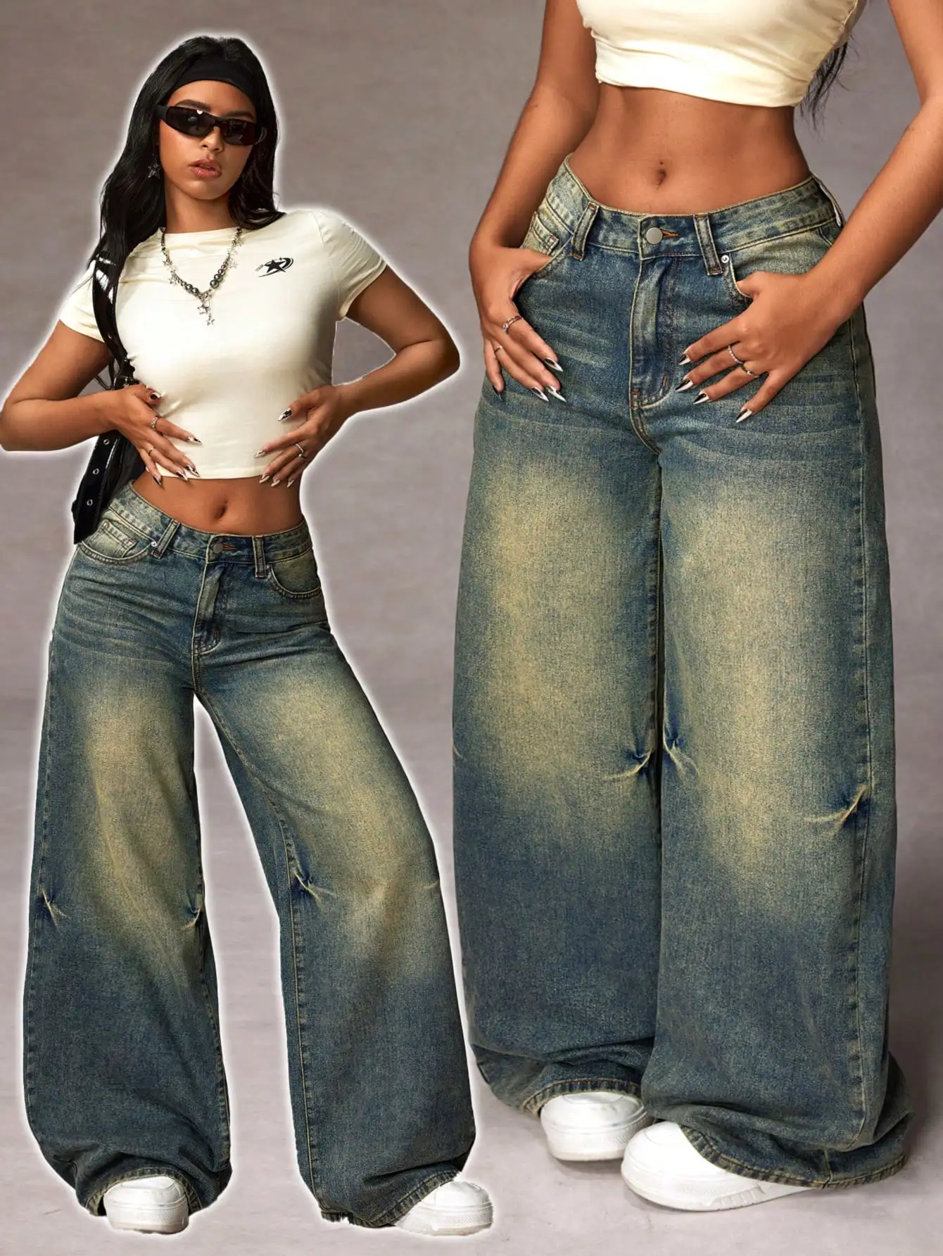 

Женские джинсы с широкими штанинами и низкой посадкой, с эффектом потертости, в повседневном уличном стиле