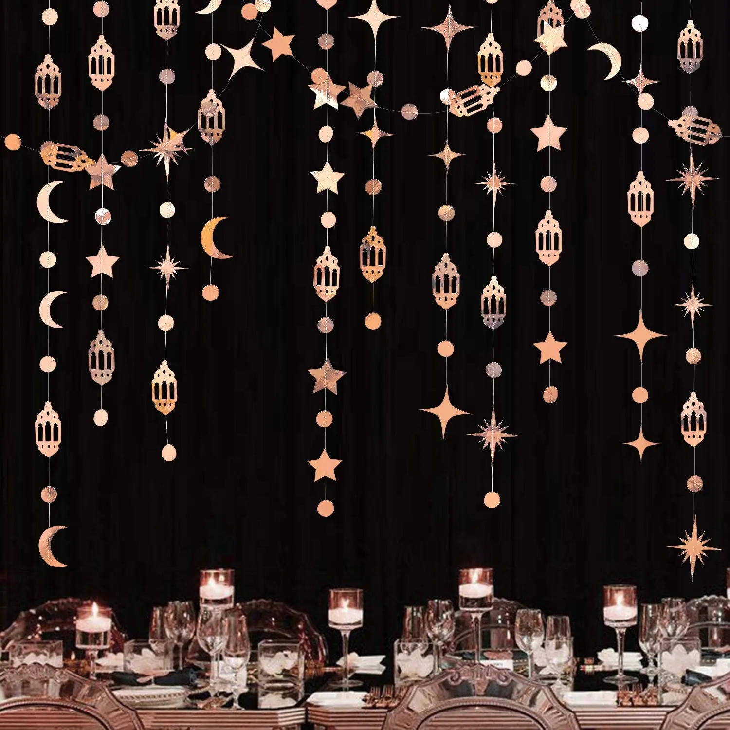 

Rose Gold EID Mubarak Ramadan Party Decorations Hanging Moon Star Circle Dot Crescent Lamp Garlands Happy Muslim Islam Streamers