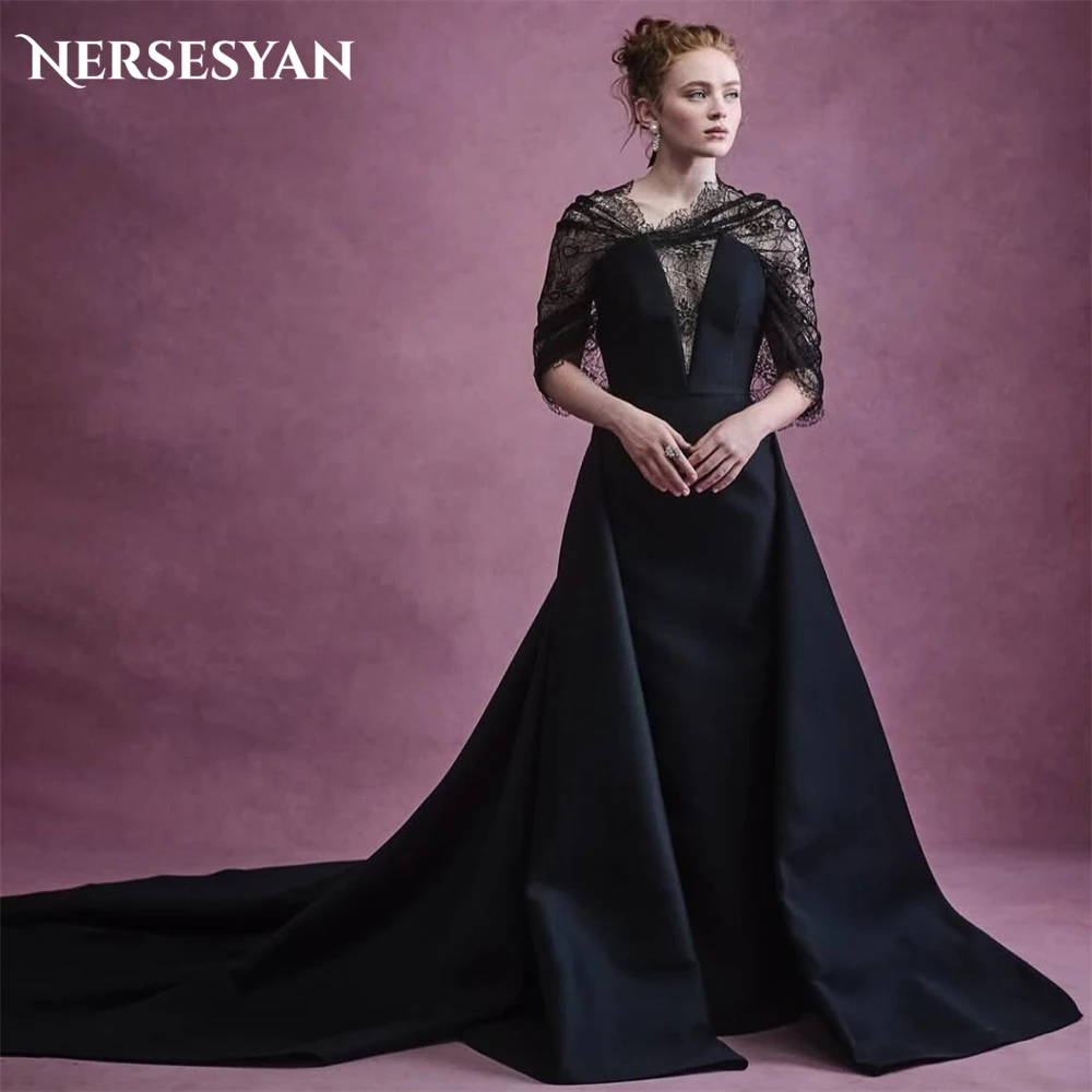 

Nersesyan Elegant Black Lace Evening Dresses Appliques Satin Formal Dress Half Sleeves V Neck 2025 Celebrity Gowns Customized