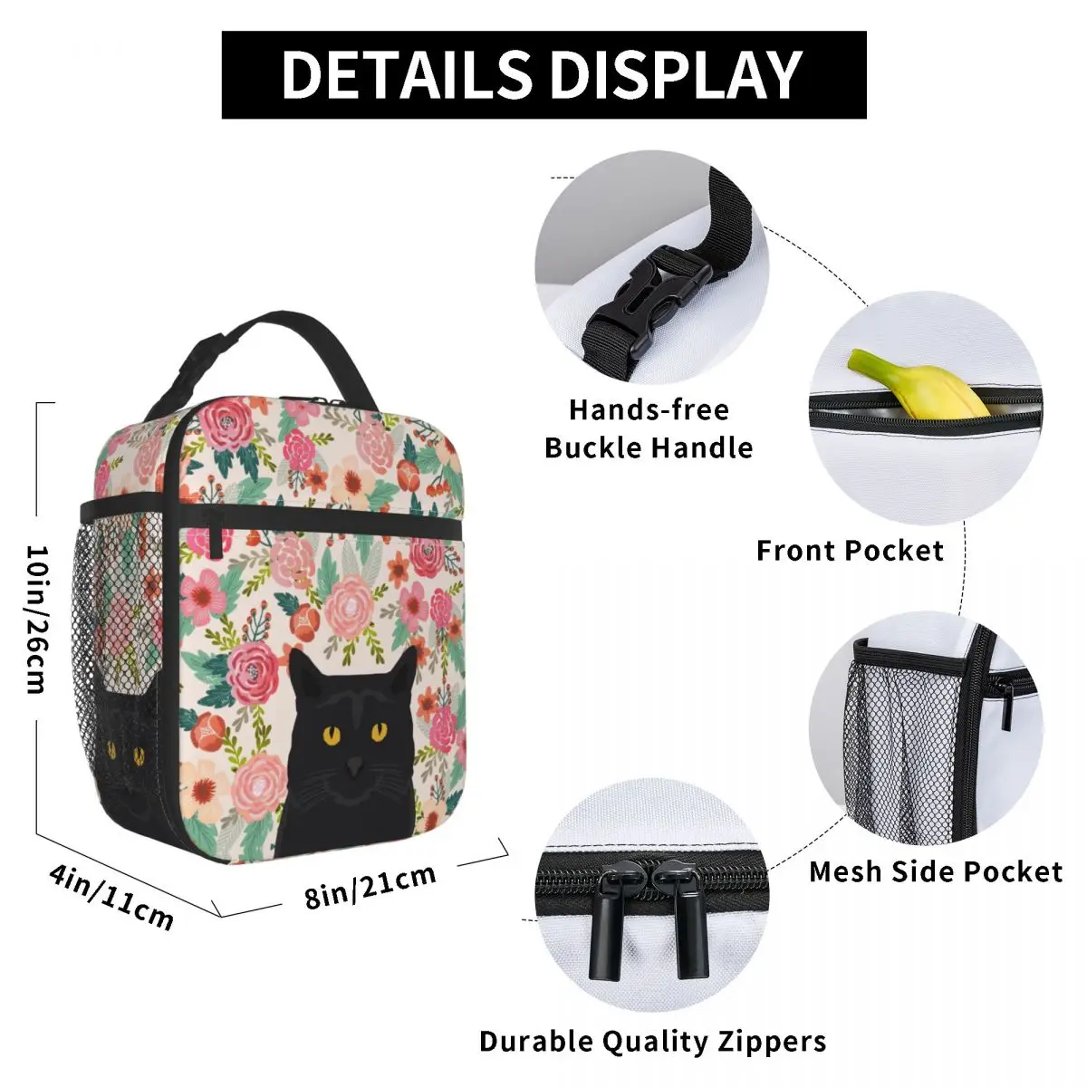 Raça Gato Preto Padrão Floral Lancheira Fundo Impermeável Pet Gatinho Refrigerador Térmico Comida Isolado Lunch Bag Escola Estudante