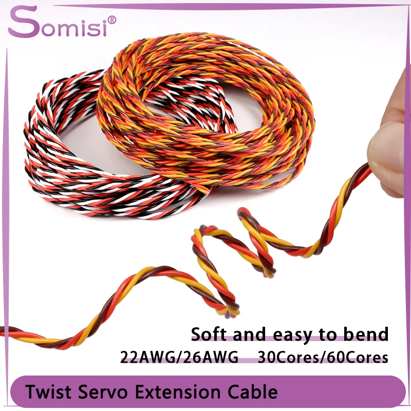 2/5/10m Twist Servo Extension Cable 22AWG 26awg 30/60 Core RC Airplane Accessories 3 Way JR Futaba Twisted Wire Lead