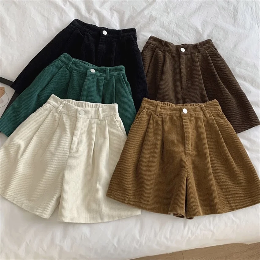 Gowyimmes 2025 Vintage Women High Waist Corduroy Shorts Casual Lady Solid Wide Leg Shorts Big Size Girl Shorts Streetwear PD1833