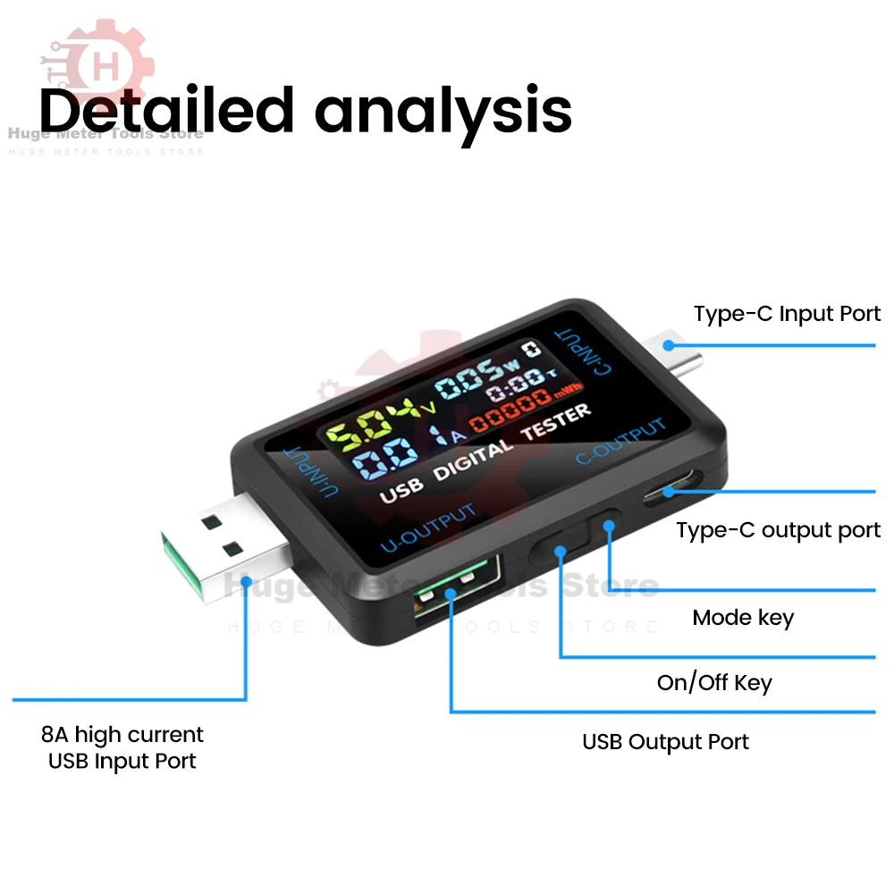 Multifunction Digital Display Voltage Current Capacity Tester DC4.5~36V USB Type-C Interface Power Bank Charger Indicator