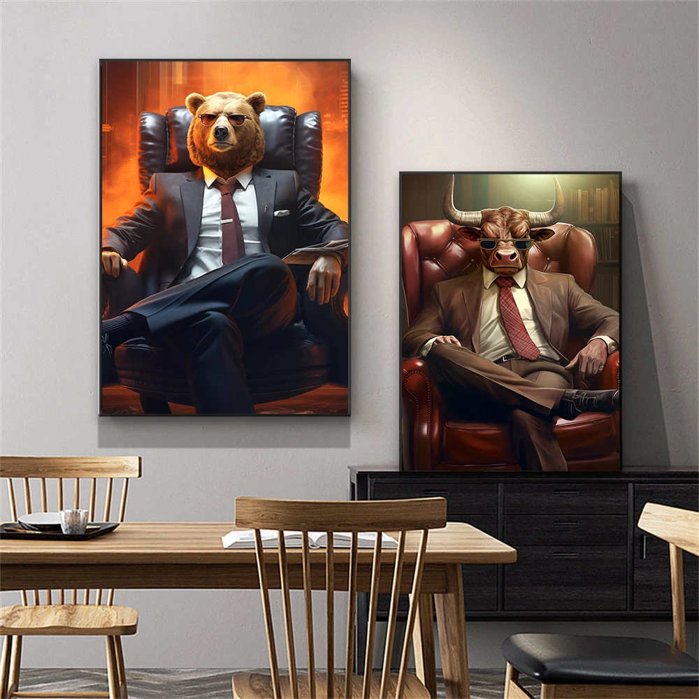 Modern Successfull Wall Art Poster Stock Market Bull Bear Colorful Print Financial Wall Art Canvas Painting Office Decor