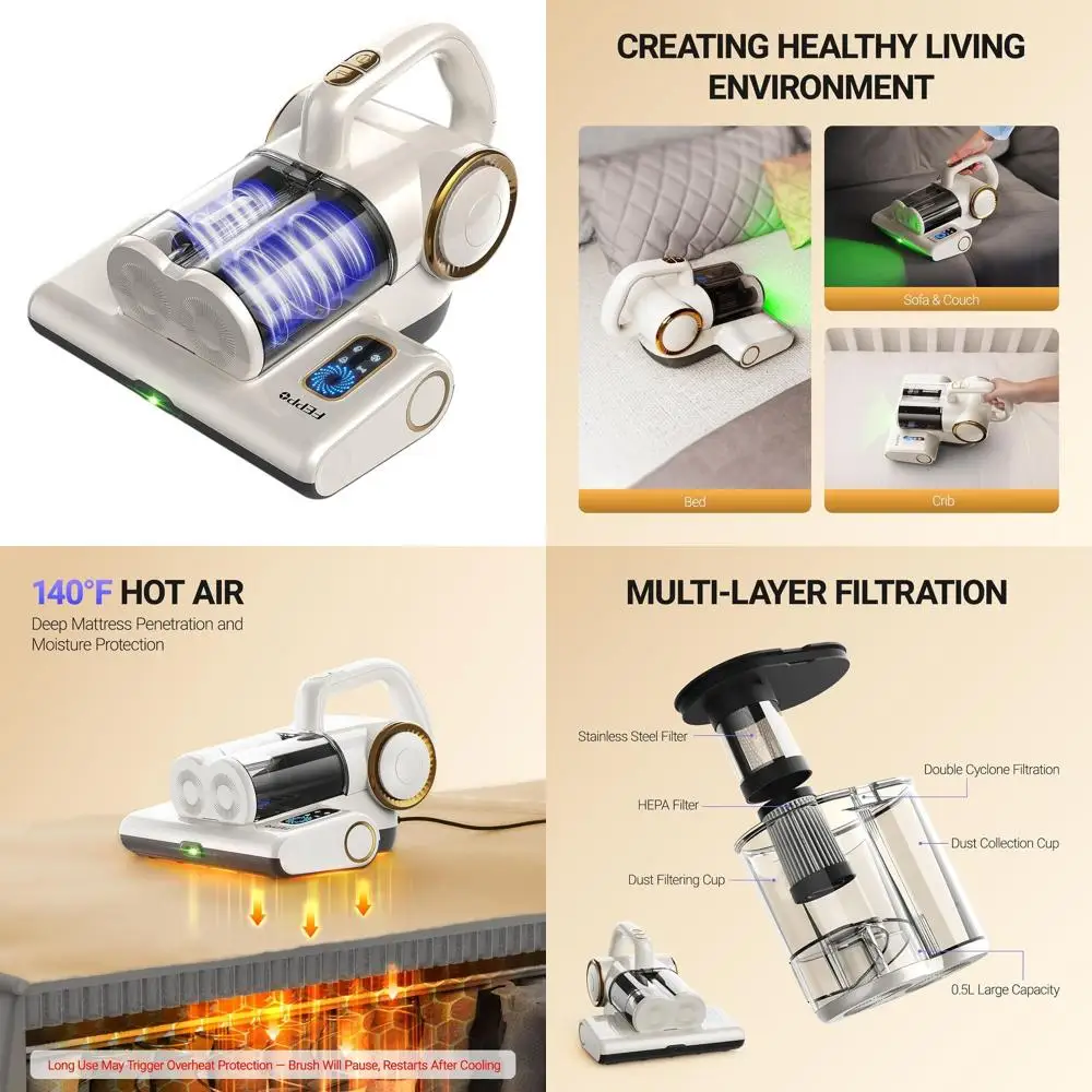 

Пылесос для кроватей с УФ-С обеззараживанием 16 кПа, 140 Вт ° Обогреватель F Heat с HEPA-фильтром и ультразвуком для кроватей, диванов, детских кроваток (проводной, 500 Вт)