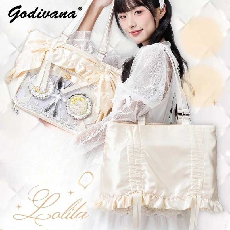 Original Student Girls Pleated Satin Ruffled Shoulder Bag Japanese Style Large Capacity Ita Bag Women's Tote Handbags