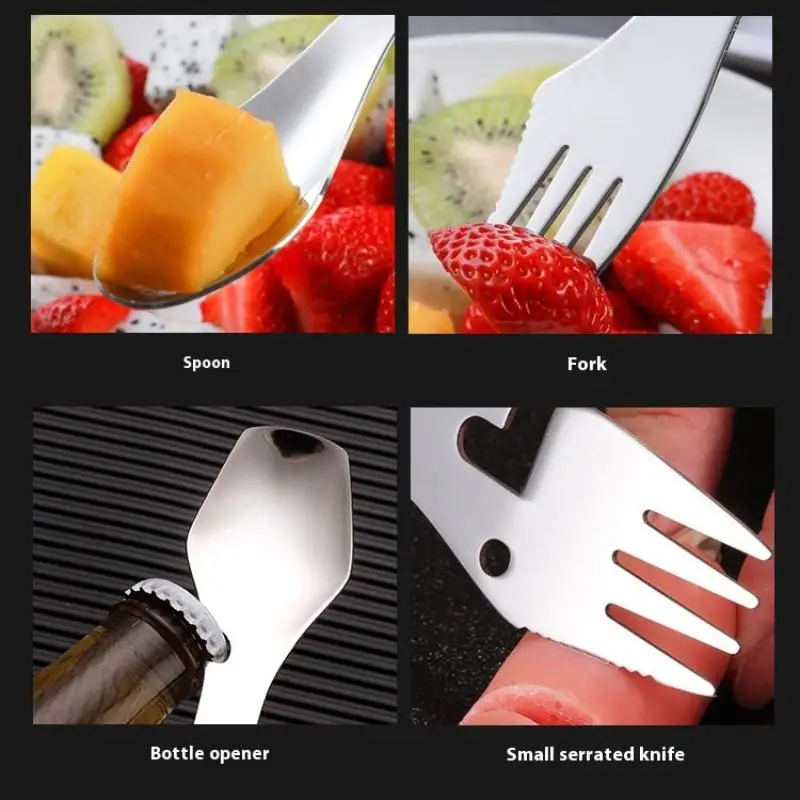 เดินป่าปิคนิคกลางแจ้งมัลติฟังก์ชั่นแบบพกพาสแตนเลสสตีลสปอร์คช้อนช้อนส้อมที่เปิดขวดช้อน