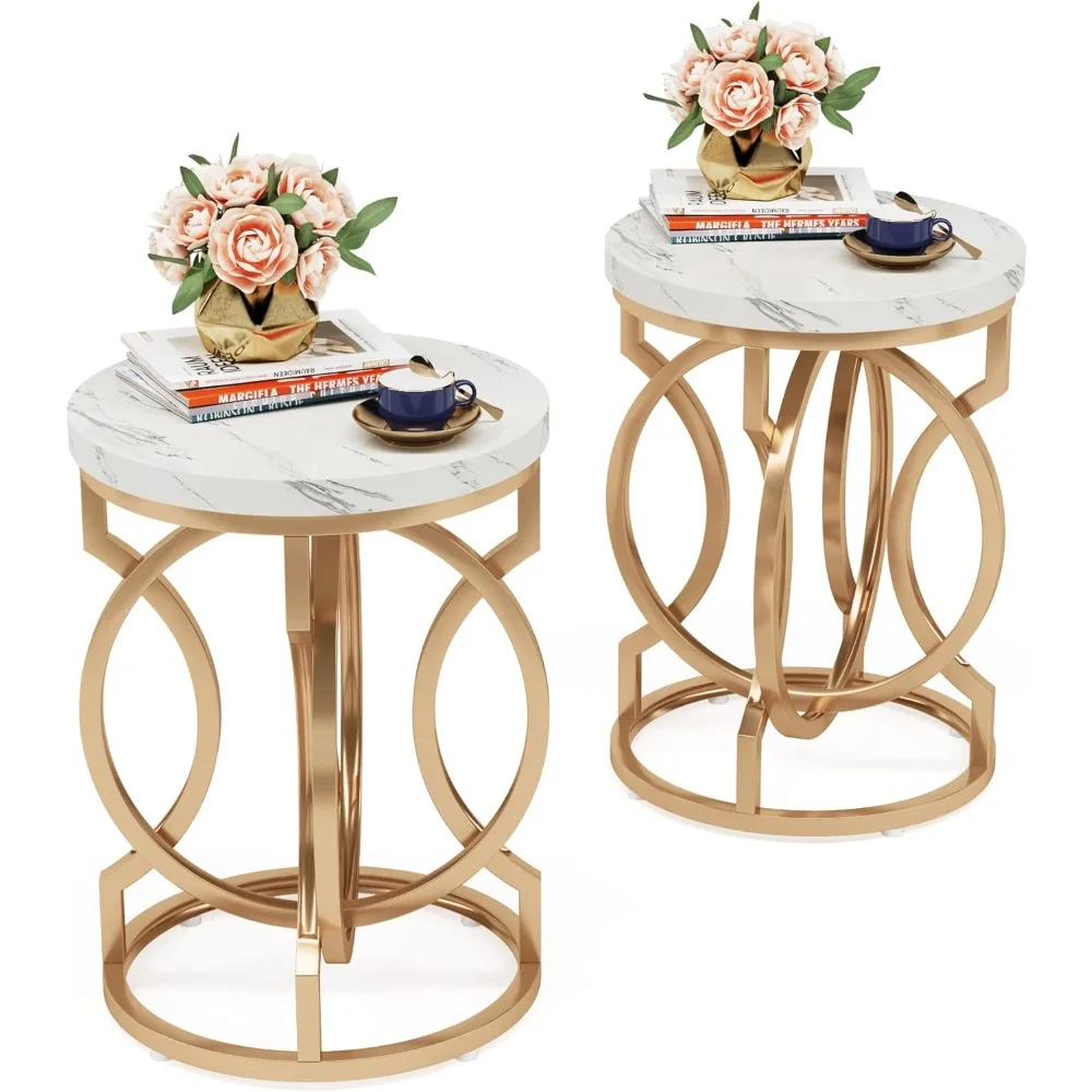 

Modern Round End Table Set of 2 with Thickened Tabletop, 20 Gold Side Table with Unique O-Shaped Metal Base, Midcentu