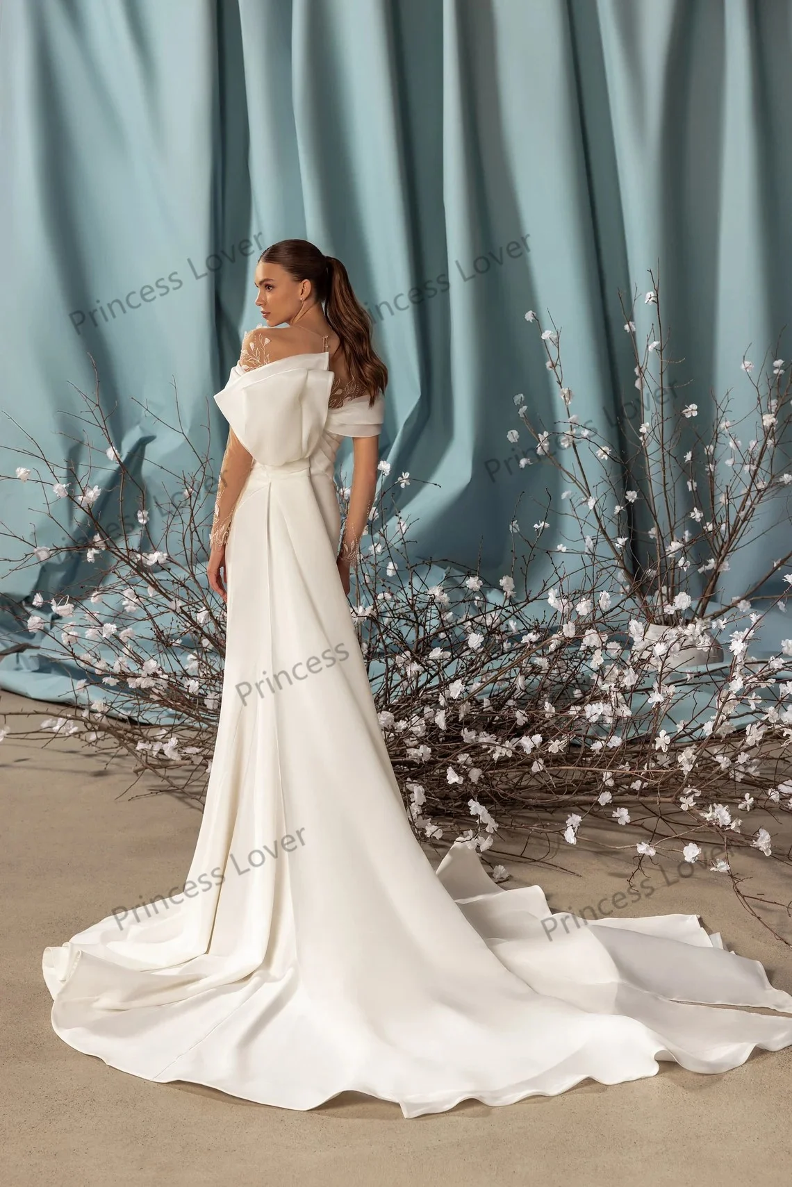 Soft Satin Floral Mermaid Wedding Dresses Sheer Long Sleeves Ruffles Train Bridal Gown Slim Fit Romantic robe de moriee