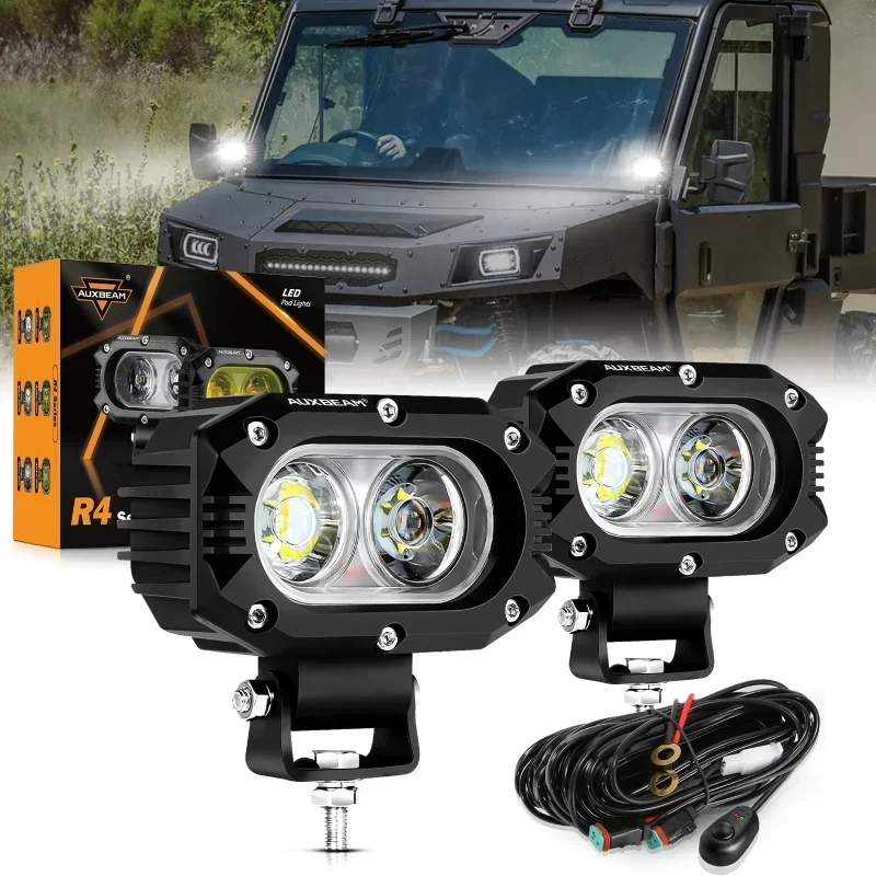 AUXBEAM 4 Inch LED Spot/ Flood Beam Driving Fog Lamp with Wiring Harness Work Lighs for Jeep Wrangler Truck Pickup SUV