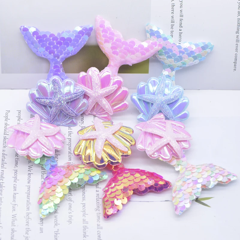 4Pcs 7.5CM Sequin Mermaid Tail Shell Starfish Patches Handmade Appliques Planar Headwear Decorations Accessories