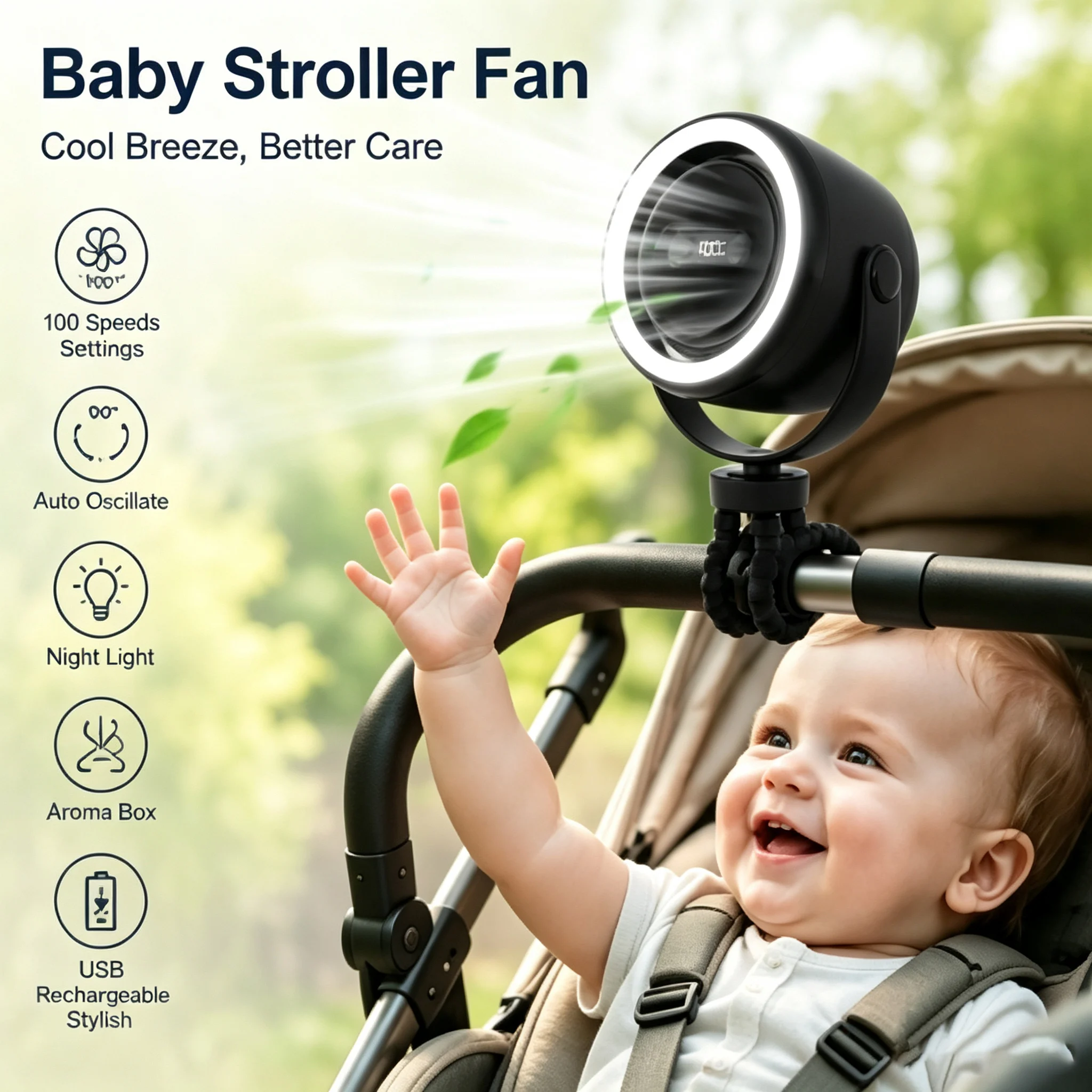 Baby Stroller Fan Adjustable Portable Clip Fan with Auto Oscillate Night Light Aroma Box USB Rechargeable Cooling Fan for Crib