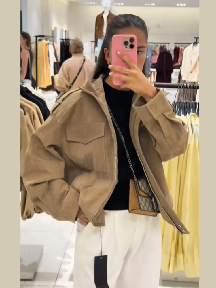 Outono inverno chique jaqueta de camurça falsa para mulheres gola manga cheia casaco com zíper bolso outwears 2025 novo feminino streetwears