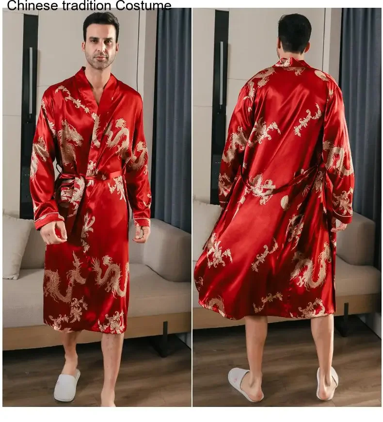 

Red Dragon Print Kimono Bathrobe Gown Men Loose Long Sleeve Robes Loose Ssleepwear Nightgown Male Satin Intimate Lingerie