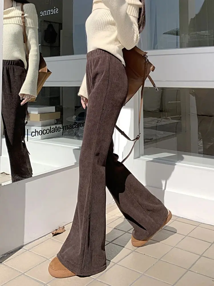 

Брюки-клеш с высокой талией, женские однотонные простые студенческие девичьи вельветовые винтажные утепленные брюки для отдыха, осенняя новая уличная одежда с эластичной резинкой на талии