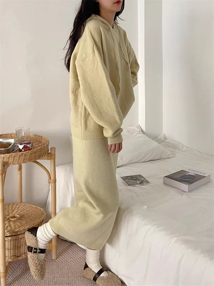 Korean Version Of The Solid Color Hooded Knit Skirt Two-Piece Set 2024 Autumn Winter New Loose Slouchy Style Sweater Set