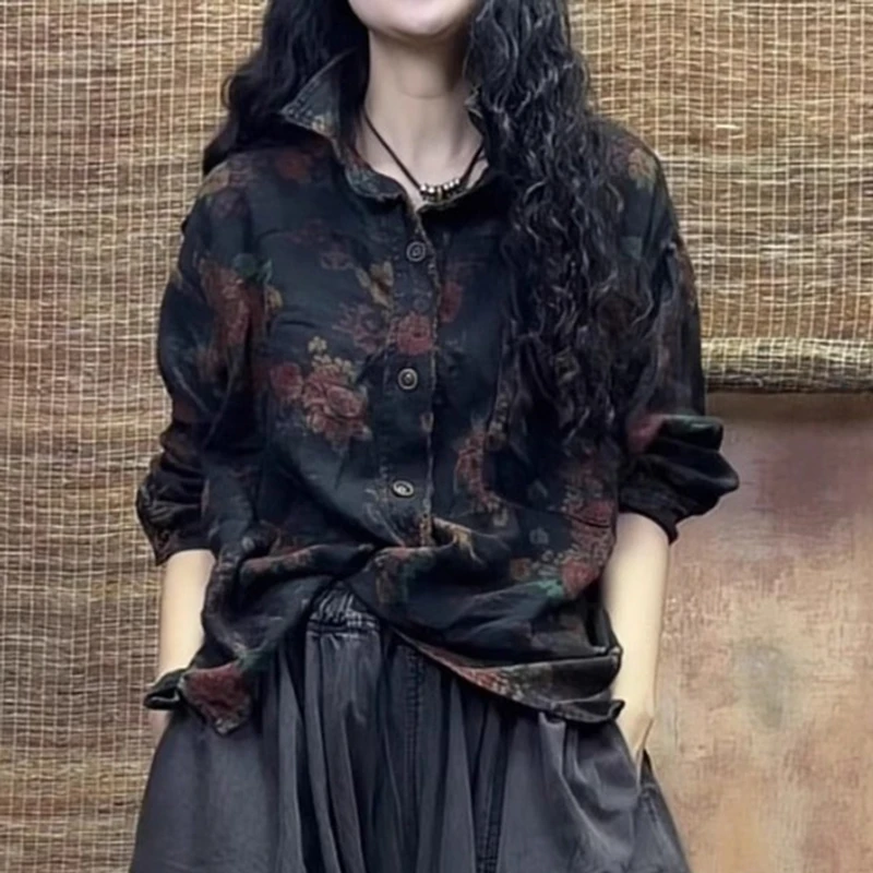 

New Arrival Spring Autumn Women Loose Casual Turn-down Collar Blouse Pockets Patchwork Vintage Floral Cotton Linen Shirts S139