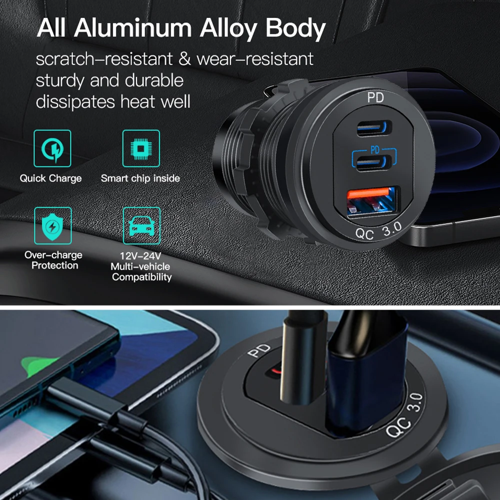 Kebidumei Newest Car Charger QC 3.0 Aluminium 12V/24V Car 3 Port Charger adapter with Switch Daul PD Triple Quickly Charger