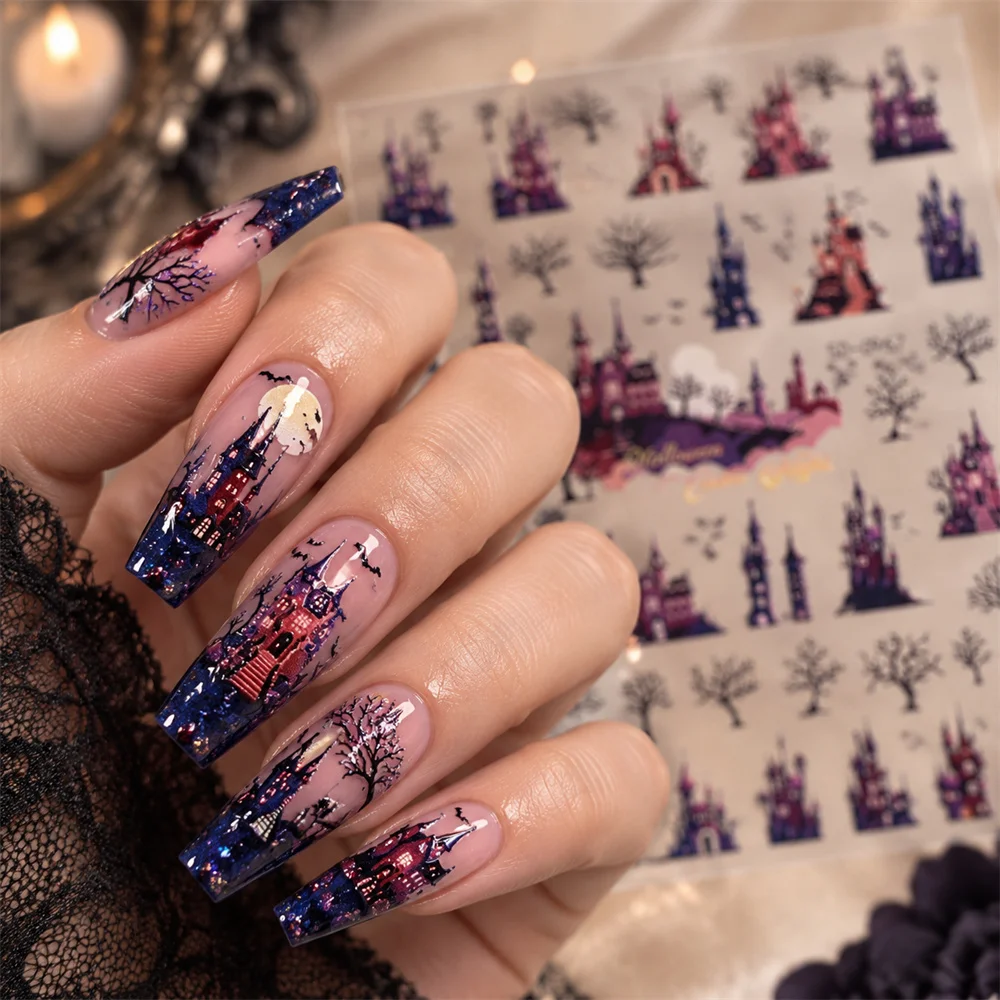 Vintage Dark Castle 5D Nail Sticker Halloween Embossed Bat Tree Adhesive Waterproof Nail Decal Recommended by Nail Artists