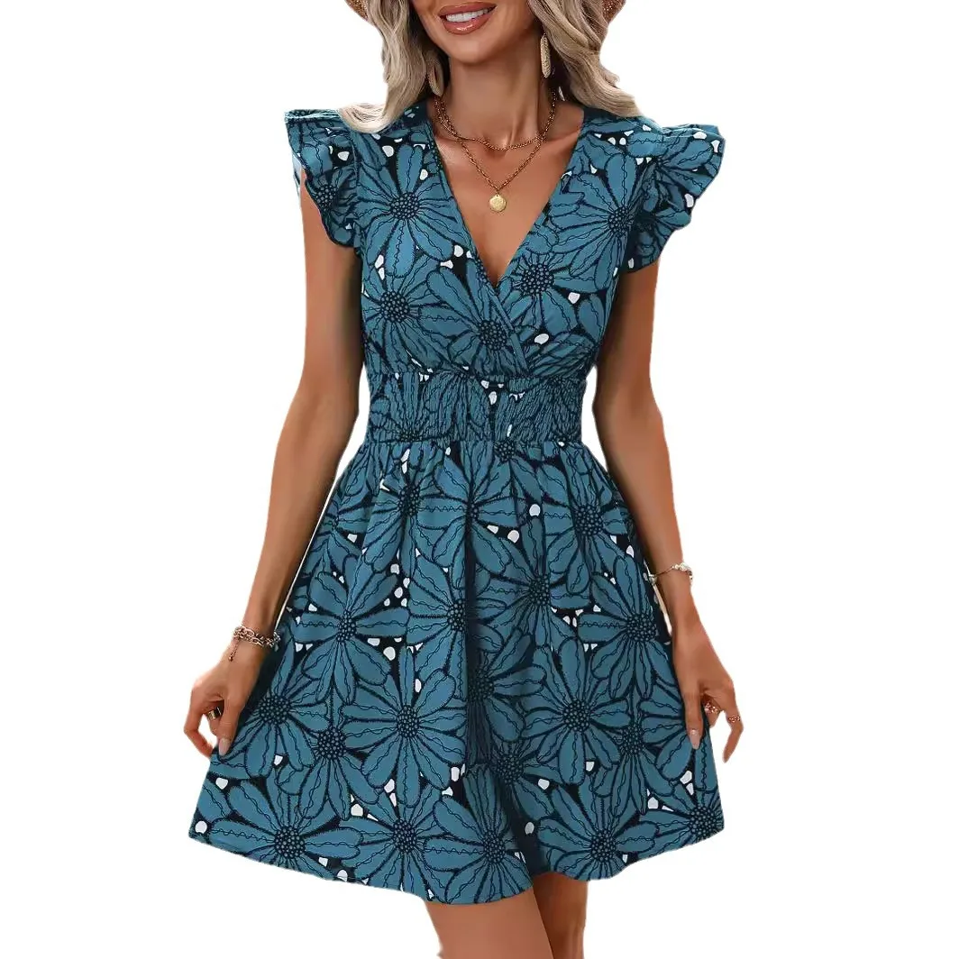 

Women's 2024 Summer V-neck Waist Sexy Big Flower Ruffle Sleeveless Dress Vestidos De Fiesta