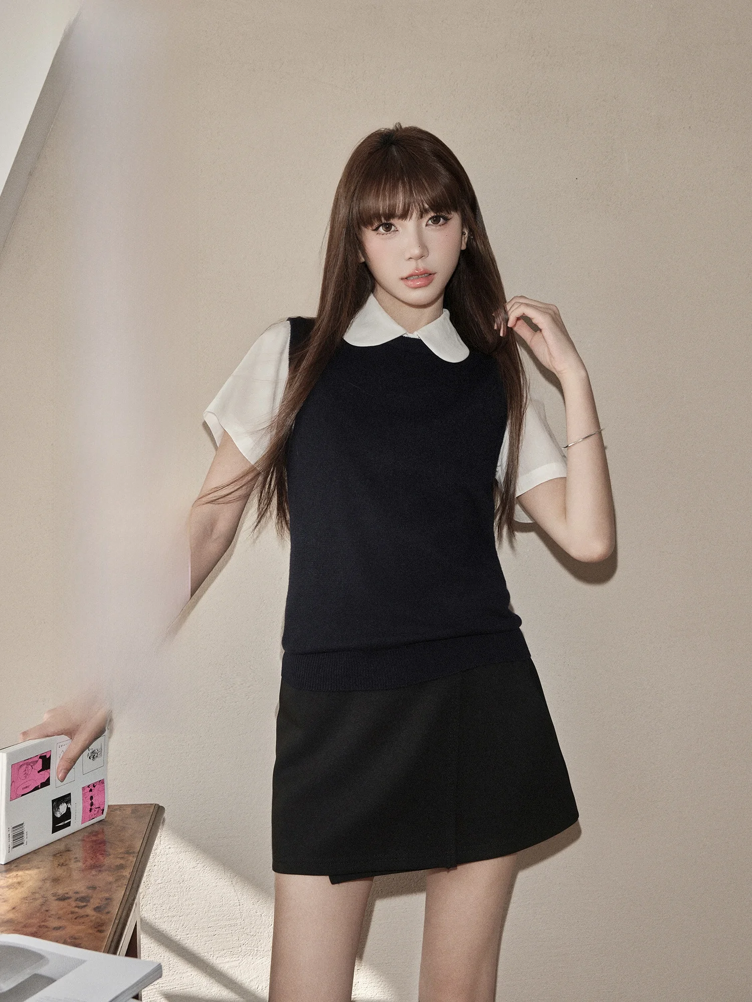 

Korean Sle round Ne irt Wool Blend A-Line Skirt Set Tee Pieces Set Breathable Wear Resistant Women's Faion irt