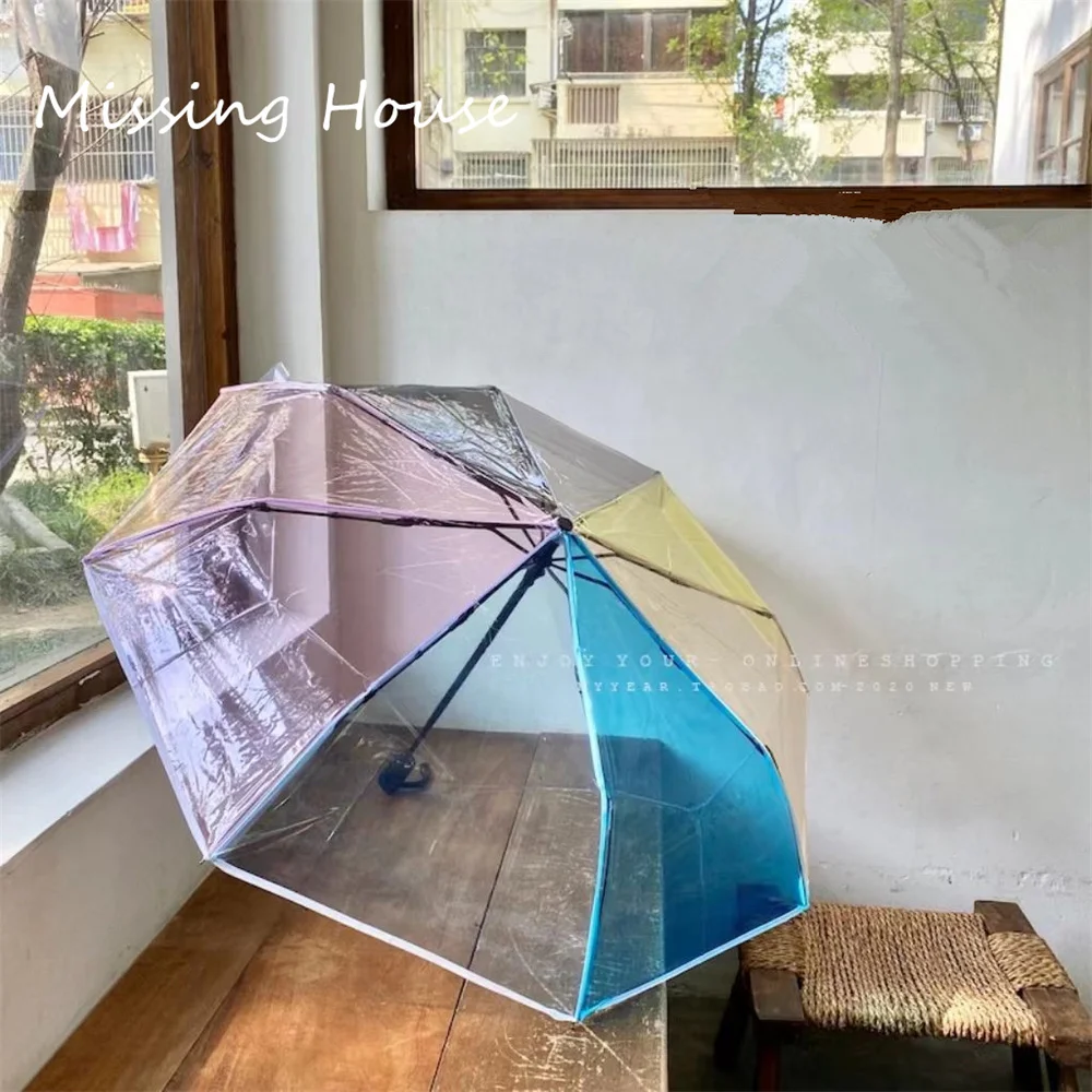 Rainbow Transparent Umbrella Fully Automatic Korean Student Folding Long Handle Umbrella Male Female Triple Fold Thickened Rain