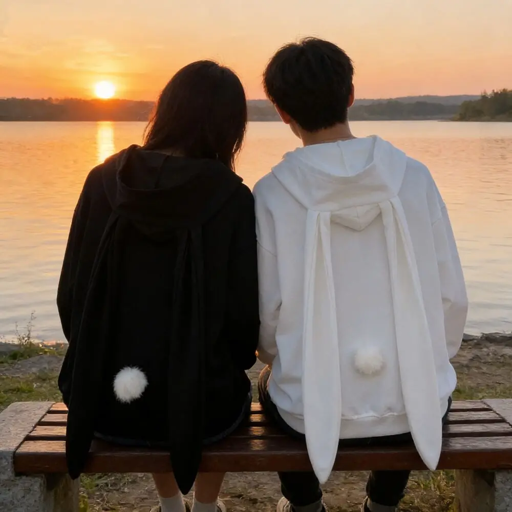 2025 Autumn Winter New Rabbit Extra Long Ears Hooded Sweatshirt Casual Loose Zipper Cardigan Hoodie Solid Zip Up Y2k Streetwear