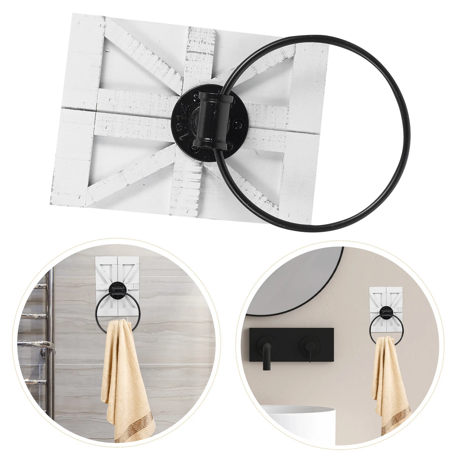 

Rustic Iron Wall Mounted Towel Holder Vintage Hand Towel Ring Wood Backing Bathroom Kitchen Storage Rack White