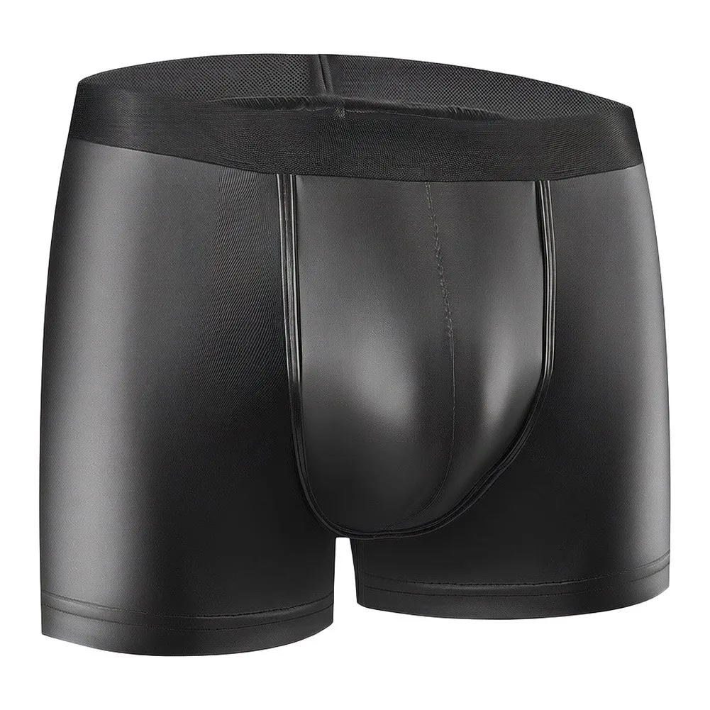 Sexy Hot Men Lingerie Matte PU Leather Soft Underwear Breathable Hollow Bulge Pouch Boxers Shorts Nightwear For Man