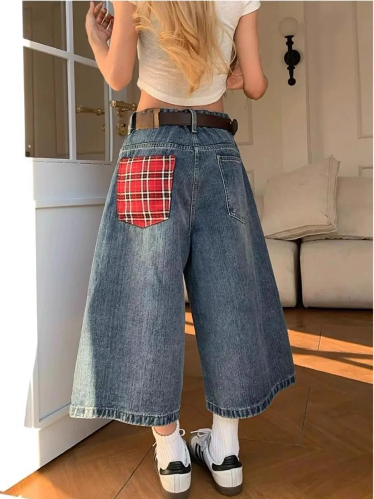 

American Retro Plaid Splicing Denim Shorts Women Summer New Large Size Loose Slim Wide Leg Seven Points Pants