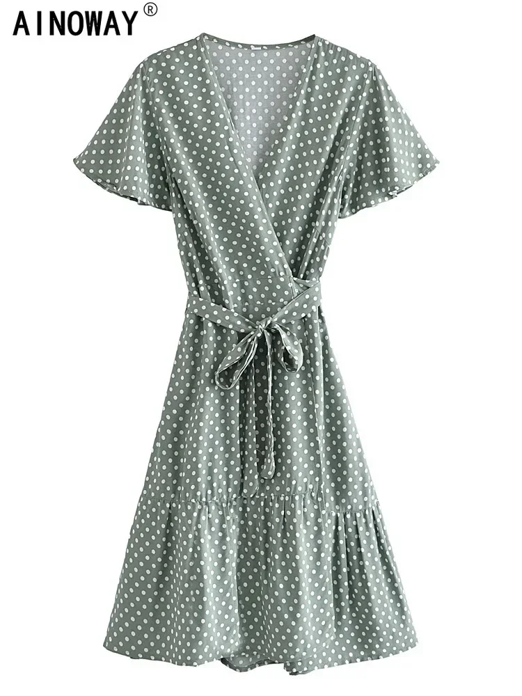 Vintage Chic Women Green Polka Dot Print Sexy V-neck Beachwear Wrap Mini Dress Lady Short Sleeve Rayon Boho Dresses Vestidos