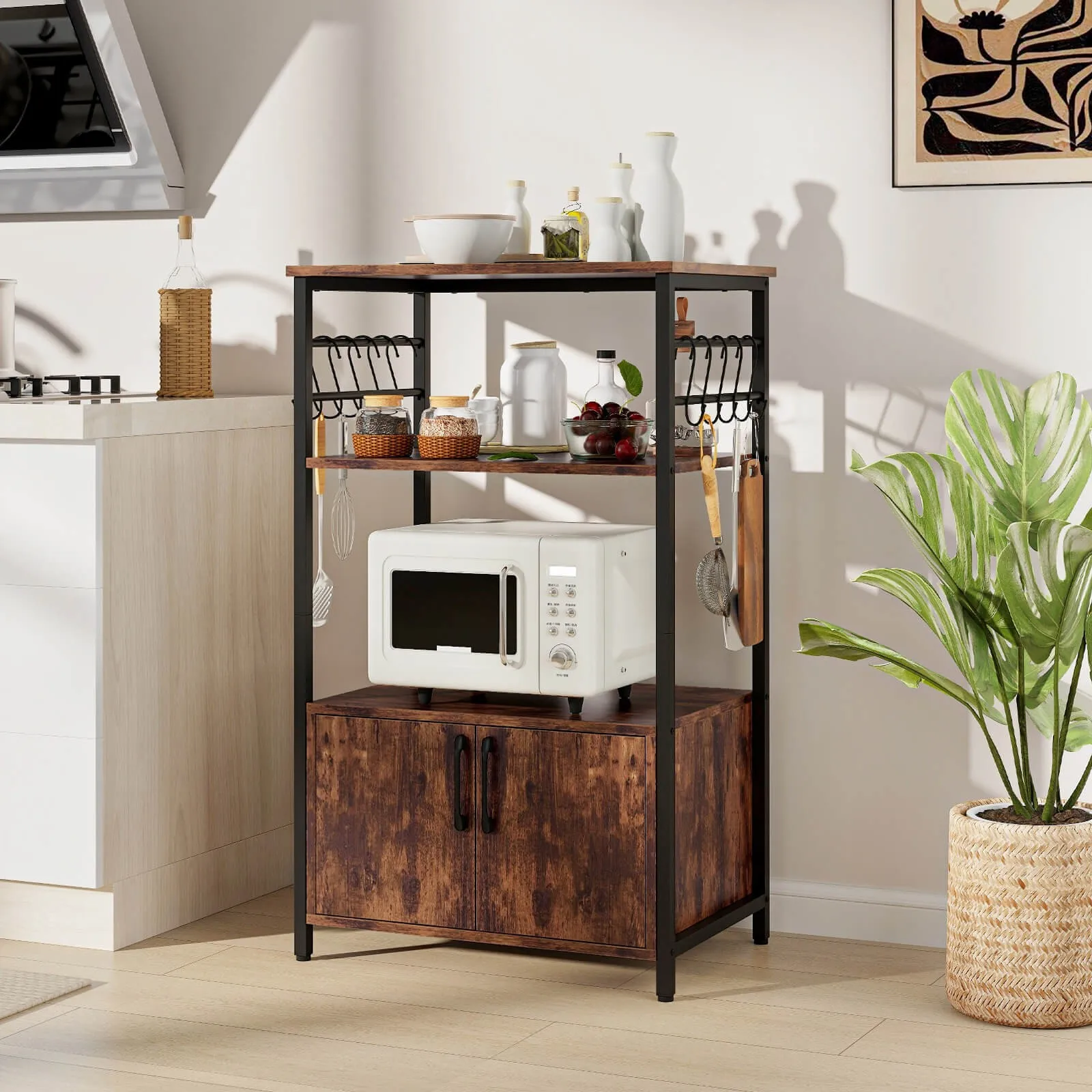 

3-Tier Kitchen Baker’s Rack with Cabinet 2 Open Shelves 10 S-Shaped Hooks