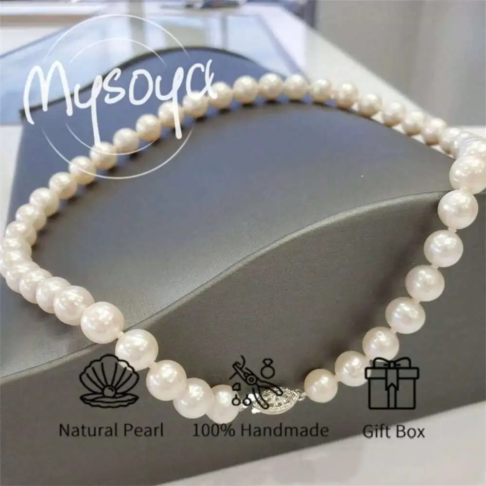

MYSOYA White Freshwater Pearl Necklace 9-10mm Pearls Gift Box Gift for Her Wedding Jewelry Christmas Valentine's Day Gift