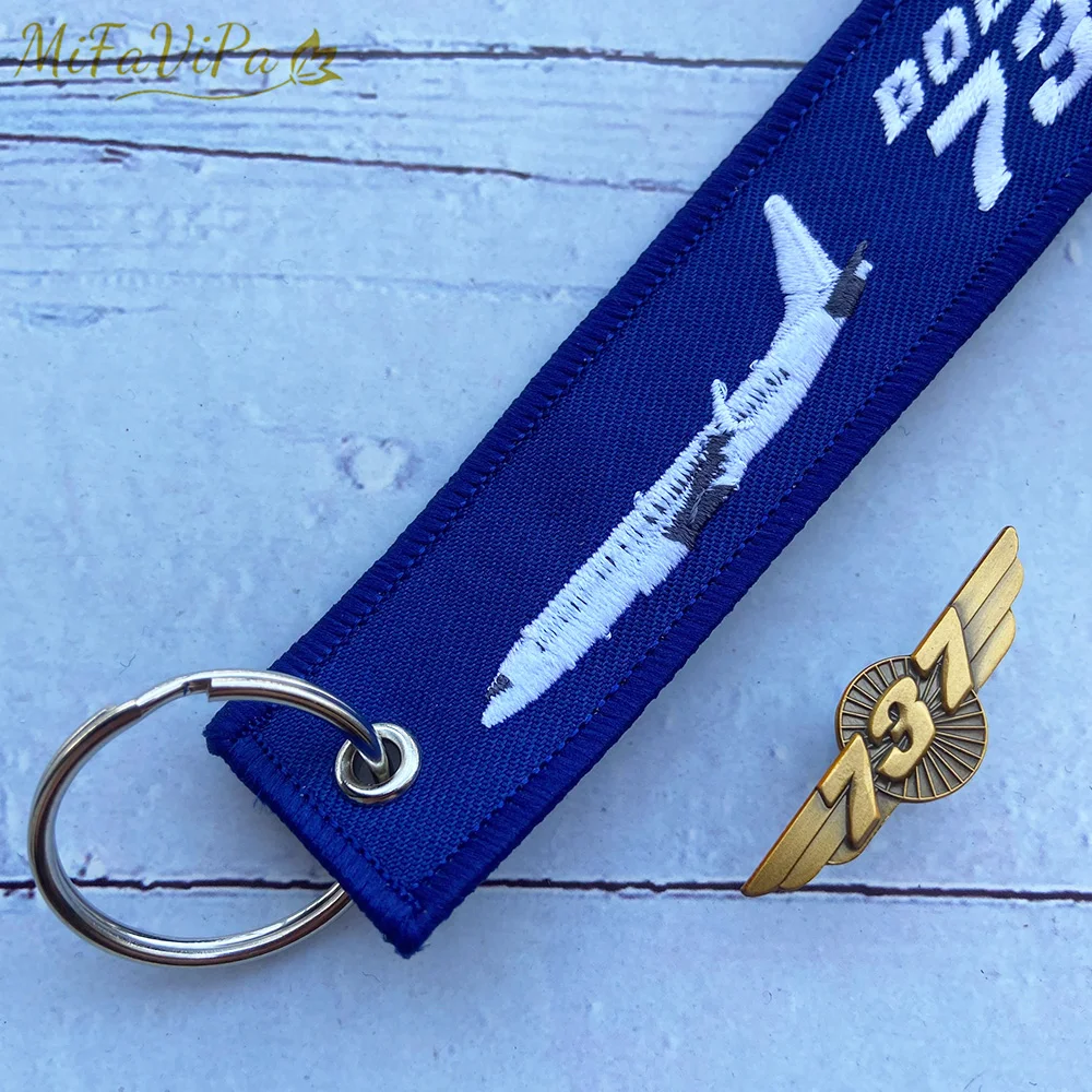 MiFaViPa Blue Boeing 737 Embroidery Keychain with 737 Brooch Llavero Aviation Key Chains for Flight Crew Gift Chaveiro Key Rings