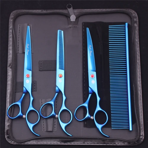 Imagen 2 del producto Tijeras para mascotas de dragón púrpura, Kit de tijeras de aseo para perros de acero inoxidable de 7 pulgadas, tijeras rectas, tijeras de adelgazamiento, tijeras curvas Z3003