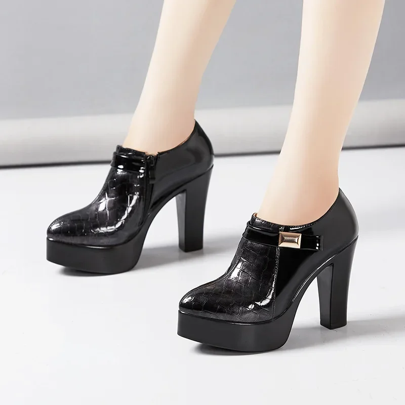 10cm Small Size 32-43 Block Heel Deep Mouth Platform Pumps Women Shoes 2024 Fall High Heels Shoes Ladies Office Model Dress