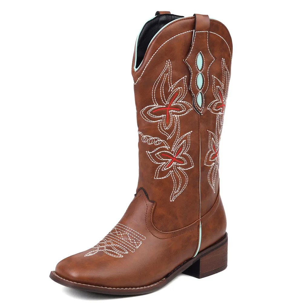 AOSPHIRAYLIAN 2023 Retro Rome Western Riding Boot Vintage Cowboy EmbroiderySewing Floral Women's Shoes Boots For Dropshipping