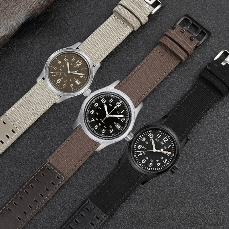 Canvas Genuine Leather Watch Strap for Hamilton H68201993 H70605963 Waterproof Sweat-Proof Watchband Accessories 20 22mm