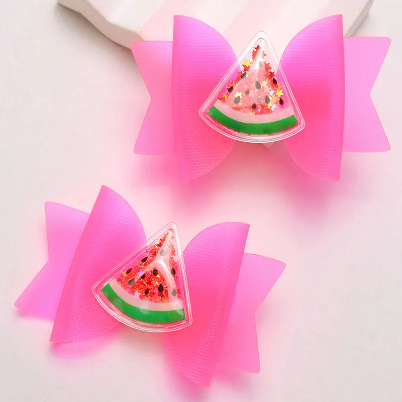 2Pcs Jelly PVC Hair Bow Clip Cute Watermelon Avocado Hairpin Girls Sequin Waterproof Pool Party Hairpins Kids Hair Accessories