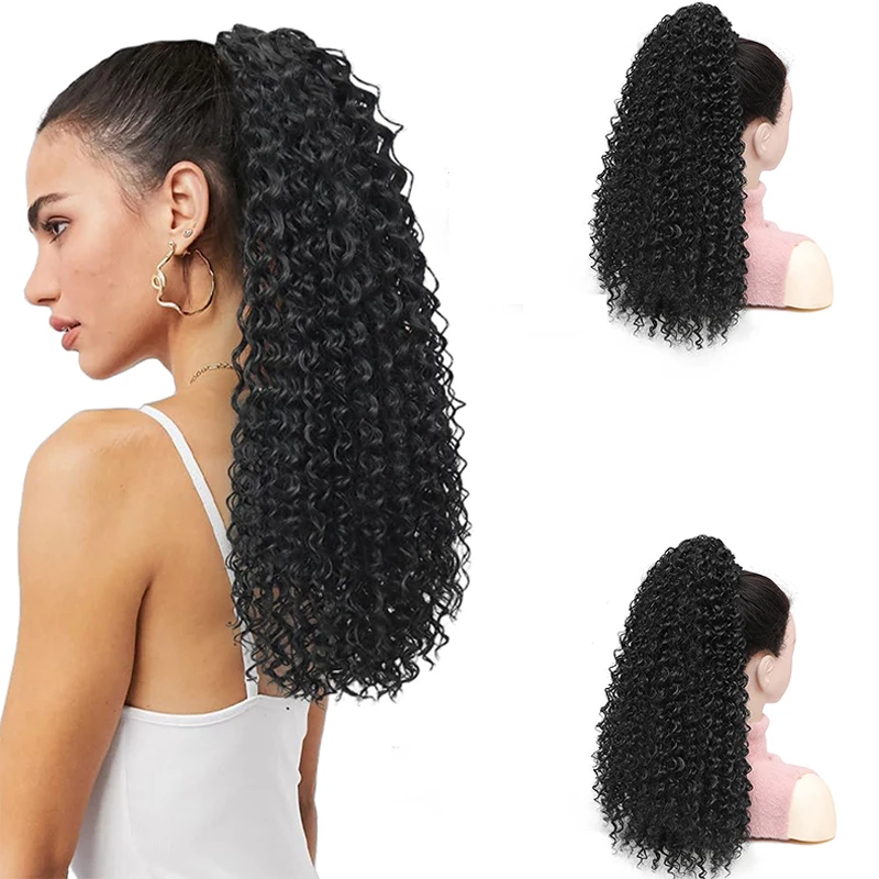 Afro Puff Curly Pony Tail Hair Piece Synthetic Fake Horse Tail Black Long Kinky Curly Drawstring Ponytail Extension for Women