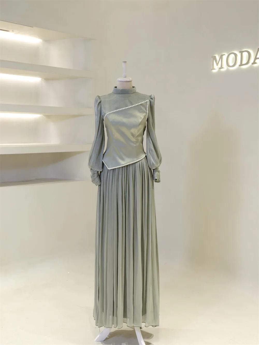 Mila Puff Sleeve Pearl Prom Dresses High Neck Draped Customized Evening Dresses Elegant Floor-Length vestidos de fiesta 2025